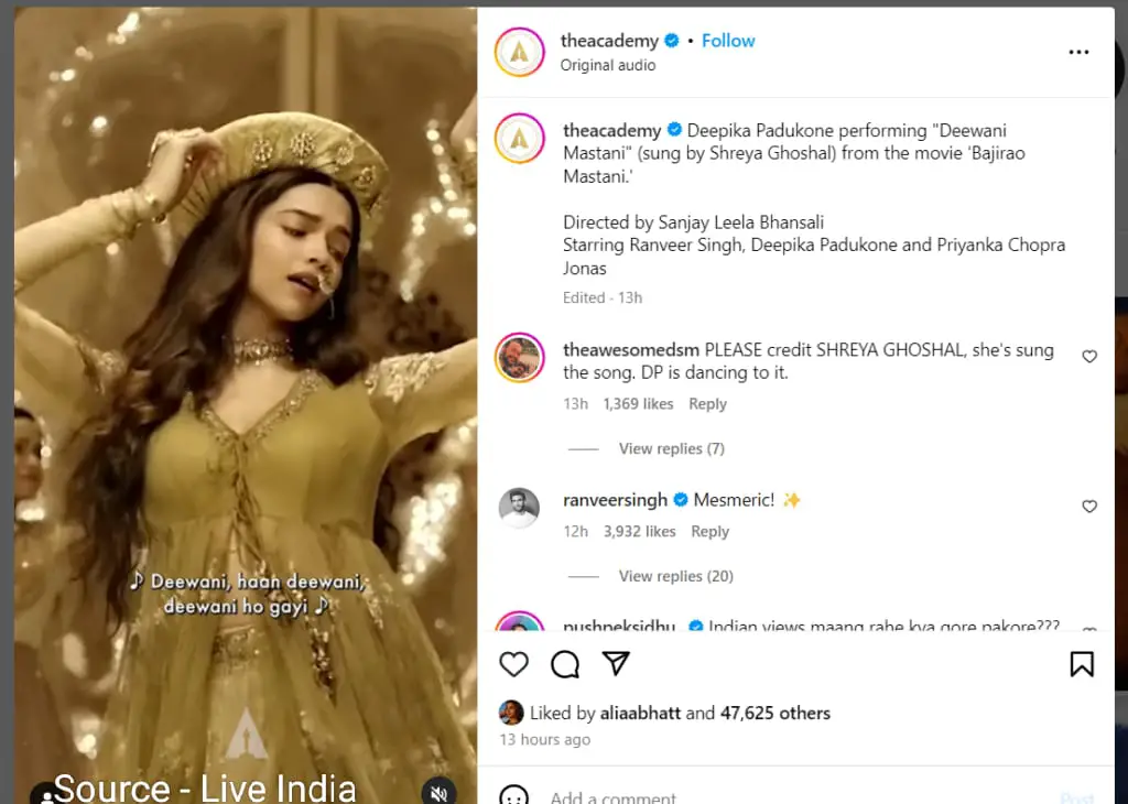 Academy Page post Deewani Mastani